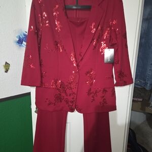 Messini Brand Red Sequin Floral Blazer and Pants Set In A Beatiful Red Color